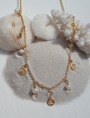 Fresh water pearl & etched charm necklace