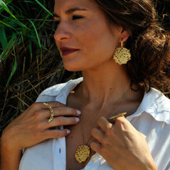 Gold Etched Textured Organic Disk necklace Coin charm pendant Gold disk hoop earrings
