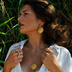 Gold Etched Textured Organic Disk necklace Coin charm pendant Gold disk hoop earrings