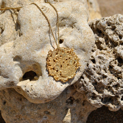 Gold Etched Textured Organic Disk necklace Coin charm pendant