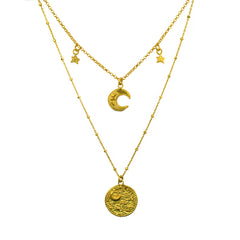 Night's Sky Coin & Moon Double Layer Necklace